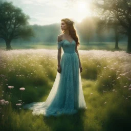 [Shattered Image, Shot the texture and then rewound the film and double exposed from multiple scenes of american gods] The air is crisp, infused with the scent of blooming flowers and the promise of new beginnings.In this awe-inspiring view, we witness Ostara, resplendent in her ethereal form, standing amidst a lush meadow. The grass beneath her bare feet shivers. From the smallest blades of grass to the towering trees, each living entity joins in this symphony of praise for the Earth. The flowe