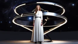 picture of a very huge real working physic based gyroscope with mirror surfaces in a inter star environment ,a very pretty lady with modern future clothing boots standing in main turning disk of gyroscope.1x1