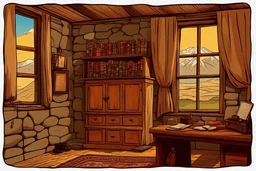 office, Rural stone building, village house, old room, Letters, ledge, Clove necklace, Wood stove, office, stone house, Hand-embroidered curtains, digital painting, Home, Room, Mountain, senators, Kurdish people, village, vector, illustration, Kurdistan, politics, old geometric patterns, Asia, 1900 AD, history, old,COLORS, cartoon