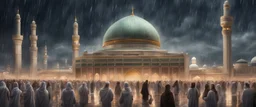 Hyper Realistic Majestic View of Madina with lots of people worshipping at rainy night