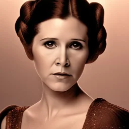  half-length portrait, three-quarter face pose of carrie fisher as Princess Leia in (the empire strikes back) with photo realistic fine and very simple short hair, entrancing deep brown eyes, eos5d mark 4, ef 85mm 5.6, professional majestic photo realistic painting by Ed Blinkey, Atey Ghailan, by Jeremy Mann, Greg Manchess, Antonio Moro, trending on ArtStation, Intricate, High Detail, Sharp focus, dramatic, by greg rutkowski, realism, beautiful and detailed lighting,