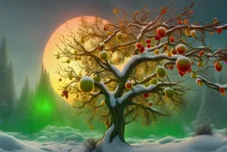 November came, November went, the last yellow and red berries and the first snow. The night came early, the dawn came late, and the green dates hung on the branches 8k 4K 3D Colorful, Beautiful, High Detail, Fantasy, Film Post-Processing, Intricate Acrylic Art, Charismatic, Surreal, Three-dimensional, High Quality, High Resolution, Crisp Quality, Large Depth of Field