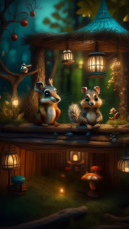 magazine cover with fade to black border, portrait of sleepy dog bug squirrel couple in a tree house in wonderful enchanted magical forest by river,bokeh like f/0.8, tilt-shift lens 8k, high detail, smooth render, down-light, unreal engine, prize winning