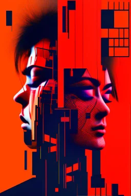 skip skip skip vs art jux tox, arafed abstract red patterns, cyberpunk juxtapositions parallel with arafed probabilities, no outlines, 2D photography, glitch pattern background, eye closed, eye reduced to single line, slight smile, dramatic, dynamic, tilt dynamism, double exposure, negative space, liminal space, tint leaks, glitch fragments, scream vibe, caffeine vibe