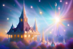 palais de cristal dans un vent de fleurs cosmiques dans un ciel turquoise matinal soleil levant et scintillant , et très lumineux dans le soleil levant