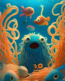 A whimsical stop-motion animation of animal-shaped noodles thriving in a vast underwater world, lively noodle creatures inspired by Mindy Kaling, intricate character designs and flavorful environments, playful interactions and heartwarming friendships, directed by Laika.