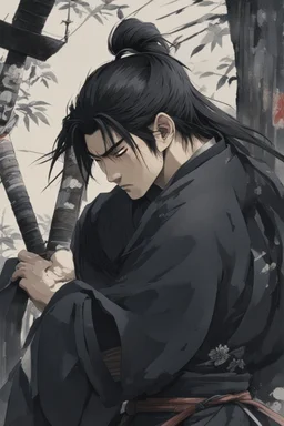 A Young Man who is a Samurai, he has scars, cuts, and marks on his body. His body looks war torn, and he is missing his left arm from his shoulder. He has long black hair and has a stuble for facial hair.