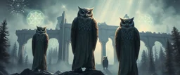 Tall robed owl-humanoids standing among ruined alien libraries, glowing floating symbols, star-lit fog, metallic arches collapsed into forests, one owl turning its head unnaturally far, prophetic and ancient atmosphere, airbrush sci-fi fantasy poster, soft cosmic light