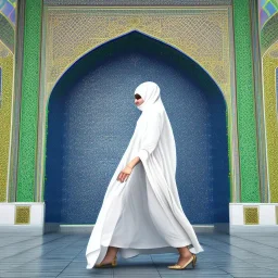 high-quality, high-resolution photography of woman in flowing, white burka walking in front of a mosque with blue, green, gold mosaic walls, profile, panoramic, high-quality, fine-detail, intricate, ornate, volumetric lighting, 8k resolution, haunting, powerful, photo-realistic, 3d render, photo-quality, Life magazine photograph