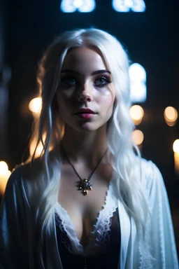portrait of a beautiful young sexy goth girl, long messy white hair, dressed in lace robes with exposed shoulders, standing in a torch lit crypt, pale smooth skin, white eyes, piercing, unholy necklace, realistic, cinematic lighting, highly detailed face, very high resolution, looking at the camera, centered