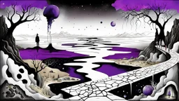 inner world this atypical world, in midle one alone human figure with a big map his hands in weird alternative clothes stands on the thin bridge , weird whimsical landscape, forest, and Sahara water and rocks,, around surreal cracked painted weird land with some black doors. dark purple, gray, black, white, brown. Whimsical style of Chagall , of Minjae Lee and Anton Semenov, lonely with absurd beauty. broken, weird bizarr,e absurd nightmare, neuron network background, surreal vibe