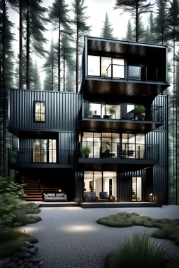 large house in the woods made from shipping containers, photorealistic