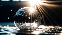 ball of water suspended in the air, ripples and splash on surface, sunlight gleaming, with sparkling crisp radiant reflections, Canon 35mm lens, hyperrealistic photography, style of unsplash