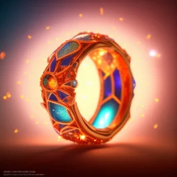 Ring made by wood roots and shreds of glass, orange diamonds sparkles, red rubi fragments around, blue lights reflexes, complex structure, gold details, intricate ring pattern,Unreal Engine 5, lens macro,sharp focus, realistic, hyper detailed, studio lighting, neon light ambient,