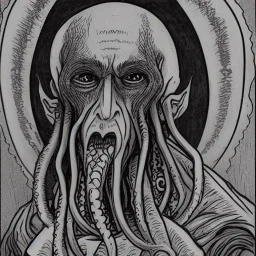 Picture of Cthulhu with white skin and a beard made of tentacles as a Russian Orthodox nosferatu vampire with yellow eyes and vampire fangs