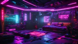 Cyberpunk apartment from the video game Cyberpunk2077. Detailed. Rendered in Unity. Japanese decorations. Purple lighting. Holograms. Environment art.