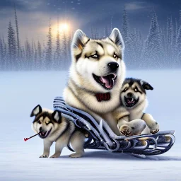 Create an image of sledge dogs that drag a sled in the snowy expanses of Alaska on which sit four Eskimo children dressed in white bear fur coats, the sled makes deep tracks in the snow, in the background of his circle in front of which stands an Eskimo hunter with a catch of fish, afternoon photo, outdoor photo, photo Realistic, 18K, wide lens