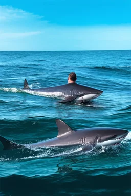 A (((a man in the ocean on a sinking boat))) is in awe of a (((great white shark))), whose form is so distinctively pointed out by the man, with its sleek contours and powerful silhouette drawing attention in the serene (((ocean waters)))