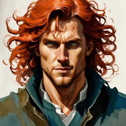 dnd, fantasy, watercolour, stylistic, portrait, illustration, dull colours, male, face, narrow face, weathered face, green eyes, determined, happy, red hair, very long hair streaming down the shoulders, radiating light, five o'clock shadow