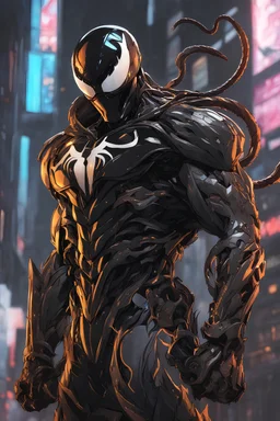 Venom mix with machine in solo leveling shadow artstyle, cyberpunk them, intricate details, highly detailed, high details, detailed portrait, masterpiece,ultra detailed,best quality