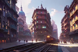 Elevated Train pass+train corner building+colorful genoa street+Italian medieval town+Italian city sea+alphonse mucha, greg rutkowski,matte painting, cryengine, hyper detailed, felix kelly, fantasy art, seb mckinnon