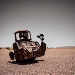 A robot whistling in the desert winds Rusty weathered and torn to pieces