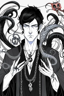 black haired young man necromancer wizard with gothic jewelry and tentacle fingers in the style of Aubrey Beardsley