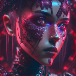 cybernetic, holographic art enchanted beautiful punk girl, intricately detailed, darkred tones, 8k, macro photography,, high lighting, intricate,
