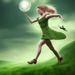 A girl named BilliJo with elegant face flying over a green Scottish field, happy, elegant, surreal, dream, morning light, dewy, forced perspective