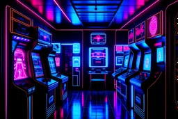 darkened yet illuminated; glowing. blockbuster film still. 1980's top notch set design. video game arcade. reimagined as contemporary pop culture redux debut. intricate black light themed interior decor