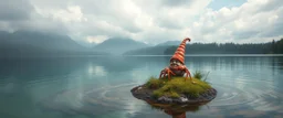 airbrush rendering, mushroom lobster gnome on small island in lake, pinhole cam