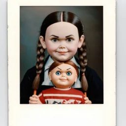 wednesday addams as a child, braids, with a chucky doll, worn polaroid, 1970s