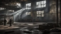 in an industrial setting, a long-closed factory, high ceiling, to huge metal tanks, hanging chains, dirty objects, dust, in the dim light, broken large glass windows, scary place, in the foreground of the picture is a falling figure in the factory, suicide or murder, shadows, slanted light, a Eerie place abandoned for many years, thriller-like depiction, dark colors, black, dark blue, gray, metallic colors, sharp focus, detailed image, creepy atmosphere, thriller