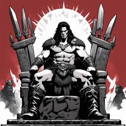 [wii No More Heroes style with thick lines] Conan the barbarian on the throne with all his iconic glory