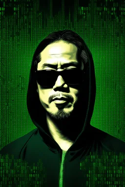 Image that show the bitcoin inventor Satoshi Nakamoto (without glasses, but hidden face) with hacker green matrix background