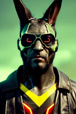 Medium Close Up Portrait, Front image. cyberpunk, rabbit mask, british man, black hair and beard. latex suit army. Red, yellow, color. Mad max style. Color background, photo studio. Avatar image, highly detailed, concept art, smooth, unreal engine 5, ray tracing, RTX, lumen lighting, ultra detail, volumetric lighting, 3d, finely drawn, high definition, high resolution.