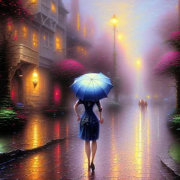 Painting of a Woman Walking in the Rain with an Umbrella, American Romance Painting, 4K Matte Thomas Kinkade, Thomas Kinkade, by Thomas Moran, inspired by Michael Komarck, ( ( Thomas Kinkade ), Thomas Kinkade, Thomas Kinkade, Thomas Kinkade Style, Thomas Kinkade Painting, Spring Eve, by Thomas Kinkade