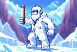 Anime pixel art of a Rookie stage Epi-Yeti, with an adventurous look, wearing a mini lab coat and holding a research scroll, standing atop a pixelated icy hill.