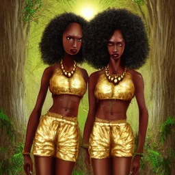 Biologically Female African American Twins, black skin, tall and slender, long afro kinky hair,big brown eyes, long eyelashes warrior wear. Gold accents on clothing. Surround by trees. Holding golden spears. Starry night