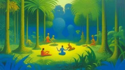 An oil painting by Moebius and Seurat of people practicing yoga surrounded by a jungle with lush vegetation and wild animals.