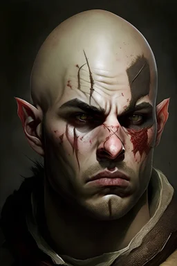 male, bandit, bald, fat, scar on the face, medieval, dungeon and dragons inspire