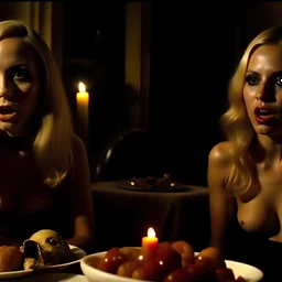 Horror movie shot, spooky, hot, ultra realistic, dine, horns, ultra realistic hot blonde women, party, pieces of meat, organs, ail, dynamic, very excited people, hypermaximalist figures, light, 1970's Italian horror movie, sinister,, Dario Argento, Stanley Kubrik, ornate, 4k, photorealism