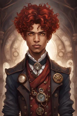 mulatto sorcerer male of nineteen years old, brown eyes, short wavy blood-red hair, dressed in a steampunk style