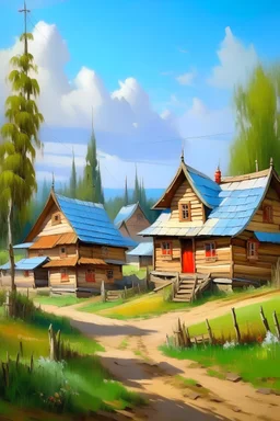 деревня с красивыми избами на Руси живопись