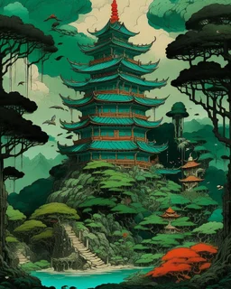 A bluish green tower in a toxic jungle designed in Japanese Oni masks painted by Utagawa Hiroshige