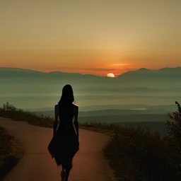 dark night, watching a woman from behind wearing a sleeveless dress who is walking towards a beautiful orange sunrise in the distance, mountains and forests around, photo quality