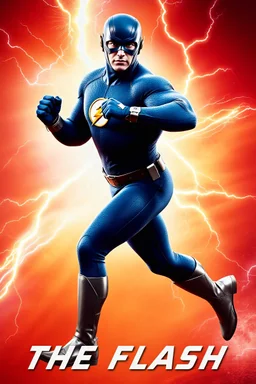 1/4 side view, looking at the viewer, Movie Poster - "THE FLASH" - A massive, thick, extremely muscular, 7'8" tall man, ((skintight, formfitting, textured, long-sleeved, Blue spandex bodysuit:1.5)), ((Silver knee-high boots:1.5)), ((Silver wrist gauntlets, blue fingerless gloves, silver, double holstered utility belt:1.5)), ((skintight, formfitting, textured, blue spandex helmet with blue eye disguise,:1.5)), Running, multicolored lightning emanating from his body,