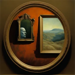 portrait of a cursed mirror that reflects photo negatives of mournful faces, by Zdzislaw Beksinski and Yves Tanguy and Brett Weston, color photorealism, natural colors, palpable textures, distinctive visceral style, detailed line work, surrealism powerhouse, opulent shadows, menacing illusions.