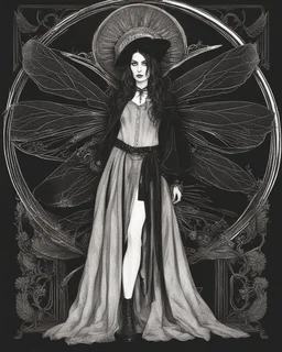 gothic, steampunk delicate mefull-length, young woman dressed like a modern-day witch, with dark hair, outside a shoptal woman, dragonfly, wings, black background