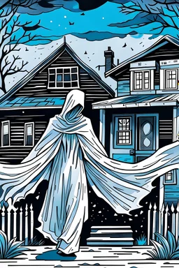 A white-pale ghost leaving a house forever. Nighttime, moonlit, black, white and blue palette